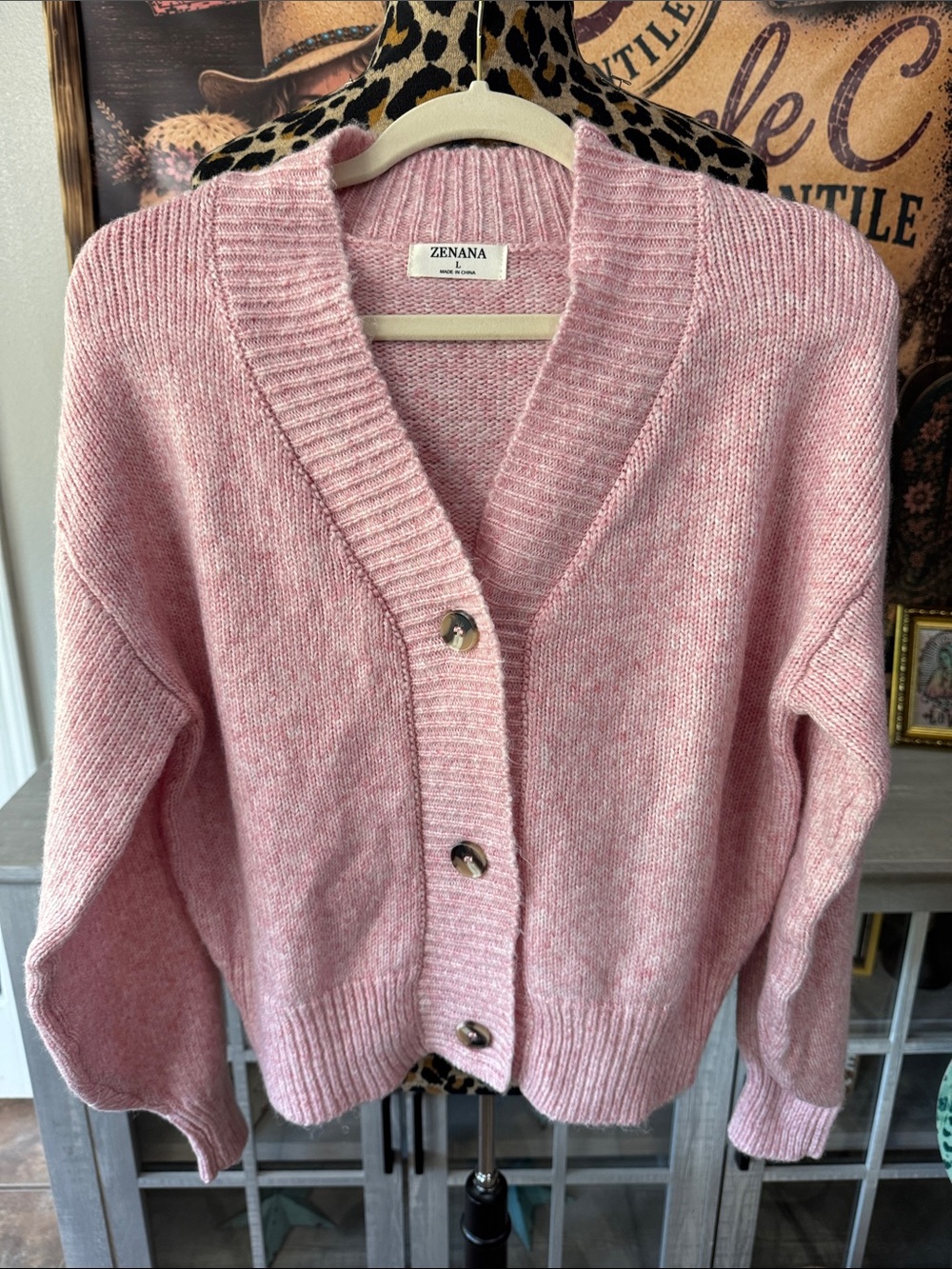 Zenana Outfitters Pink Button-Front V-Neck Cardigan Size Large